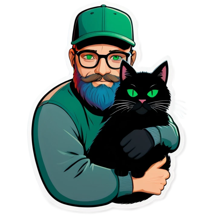A bold man with a grey baseball cap, green eyes, big beard and glasses hugging a black cat emoji