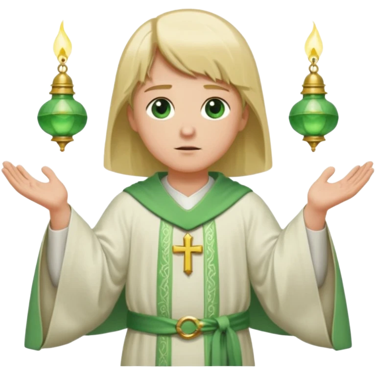 a priest, green eyes, blonde hair, light green wide, flowing, bell-shaped outer robe. opening arms, gazing thoughtfully. Soft light, subtle fern. Waist-up, profile. emoji