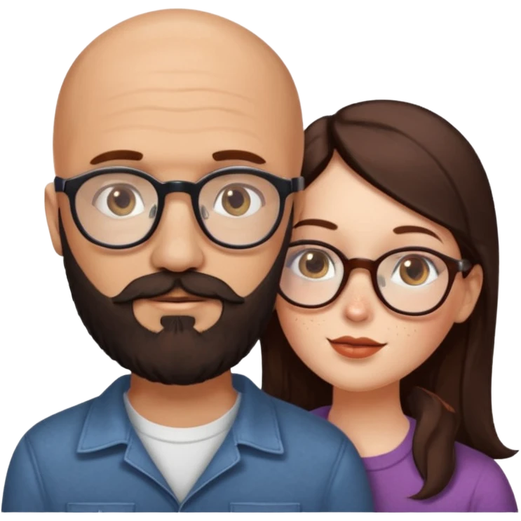 Couple. Bald man with dark brown-black beard. White woman with many small, faded freckles, she has white skin and she has auburn-brown-cinnamon, dark long hair. She has light brown eyes. The man have hazel eyes and the man wear glass. She have light eyes. Retro style. She kisses him. emoji