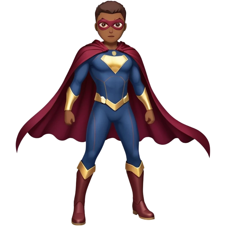 superhero in dark blue and maroon bodysuit with gold accents, digital cape, maroon boots, dynamic pose emoji