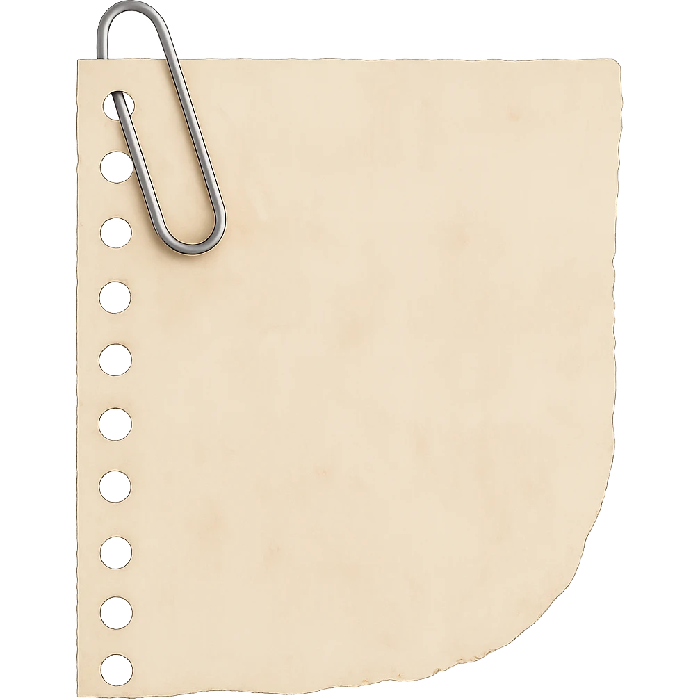 Add a realistic silver paperclip accent to the faded beige torn notebook paper scrap with spiral edge. Keep the watercolor texture and transparent background. No face, no hands, no legs, no characters. emoji