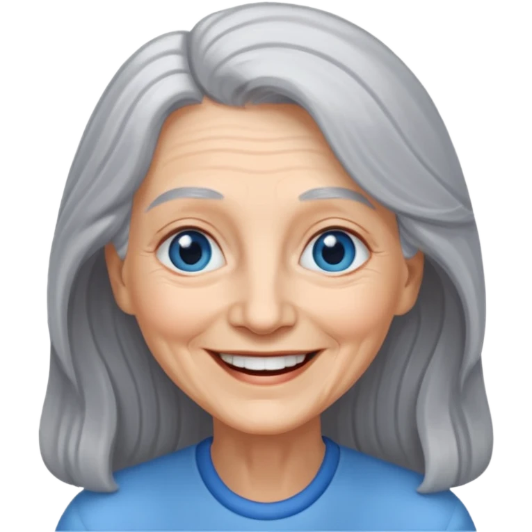 an elderly woman with long, grey hair and a smiling face with blue eyes emoji