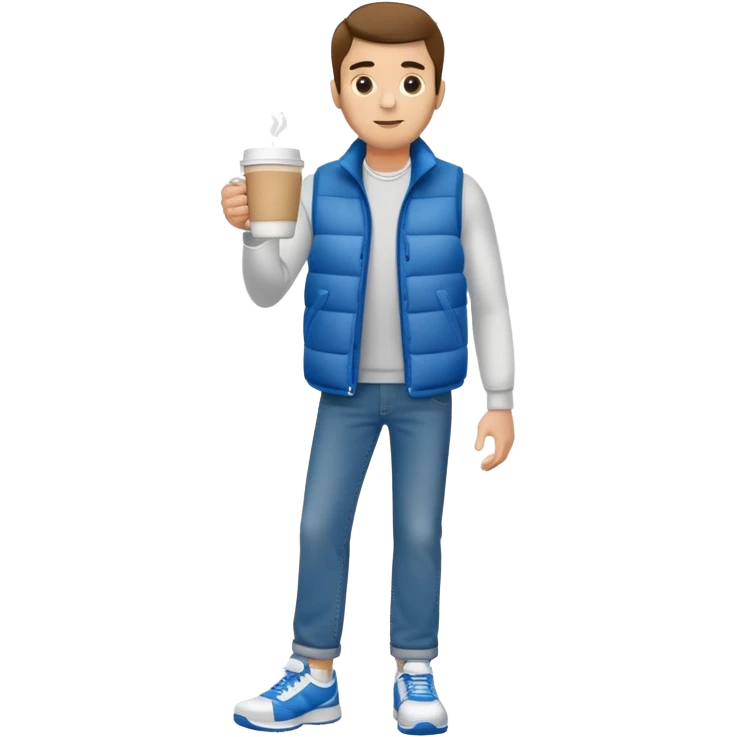full body man with plain puffy vest with no pockets over long sleeved shirt wearing straight blue jeans and tennis shoes holding coffee mug in his had emoji