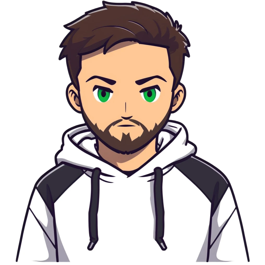 anime style male character with green eyes, dark brown undercut hairstyle, short beard, wearing white hoodie emoji