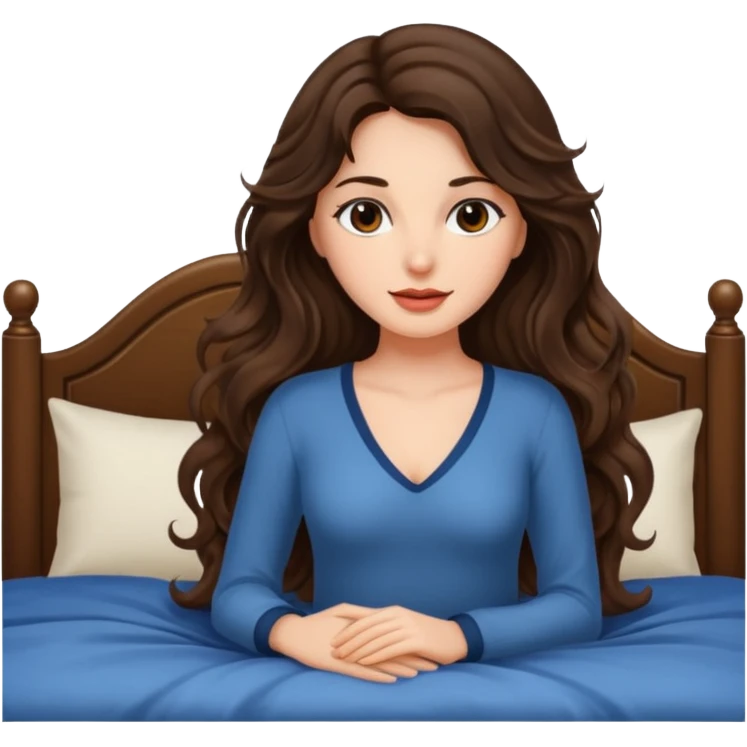 Brunette woman long wavy hair on bed seductive emoji