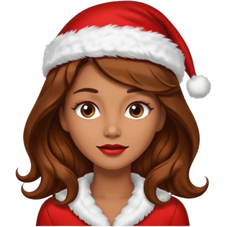 mujer peinandose en la peluqueria y con un gorro de navidad, cabello largo café y ondulado emoji
