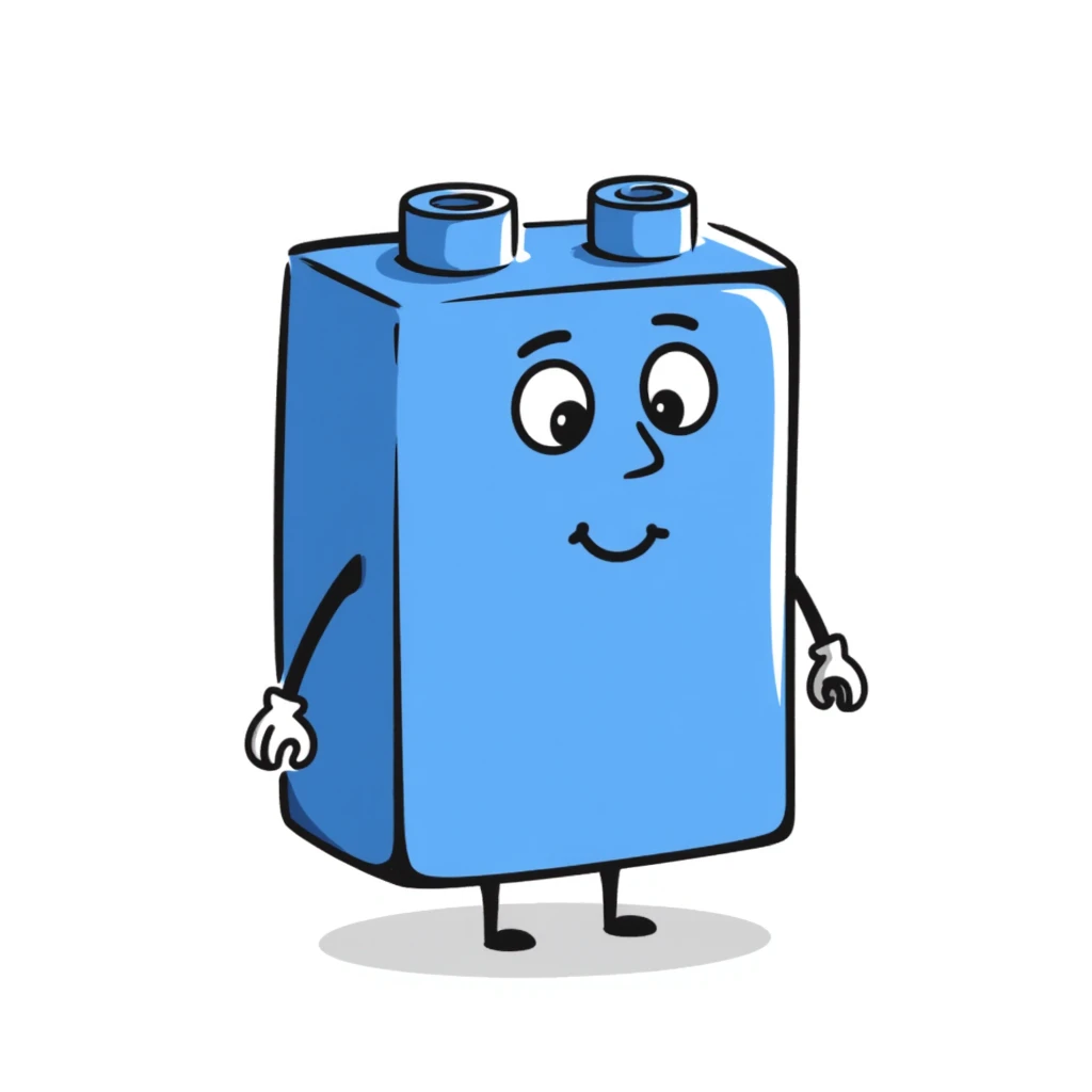 A hand-drawn blue Lego-style brick with a silly expression and tiny arms emoji