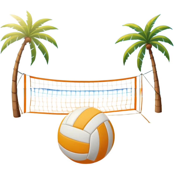 The scene captures an orange sand, sunny sea beach with clear blue sea and sky, palm trees swaying. A volleyball resting on the orange sand ground of a beach, with a volleyball net in the background.  emoji