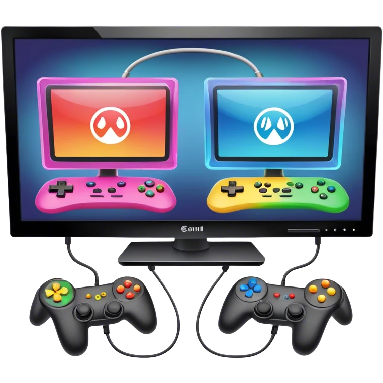An icon showing two monitors with gaming interfaces, connected by a wire. Each monitor displays a different game screen, with two gamepads placed nearby, symbolizing multiplayer gameplay. transparent background. emoji