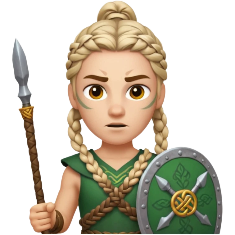 Emoji portrait of a Celtic warrior. Braided hair, fierce expression, holding a spear. emoji