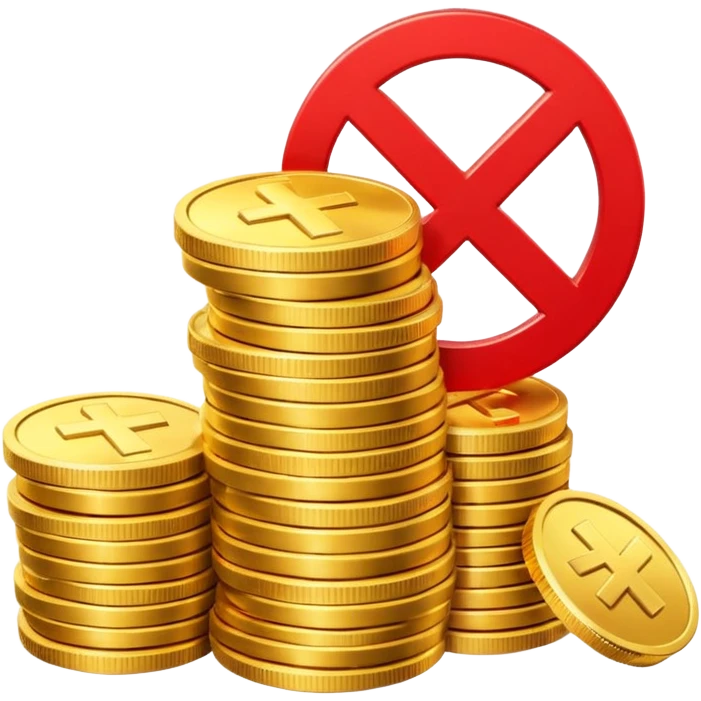 A stack of shiny gold coins without any symbols on top, crossed by a red prohibition sign (no symbol). Apple Emoji style, 3D look, soft reflections, clean white background, high-quality rendering, realistic lighting and shadow, smooth gradients, no text or logo. emoji