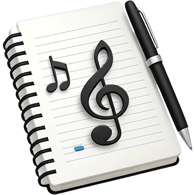 Minimalistic flat vector icon, iOS style, thin black contour on white background. Small notebook with a musical note on the cover, a pen placed next to it. Clean, modern, no text, no shadows. emoji