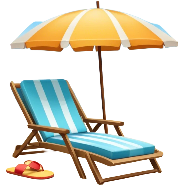 Icon for Beach Tourism: a sandy beach with a ocean skyline in the background, lounge chair, sun umbrella and flip-flops. The icon should capture the relaxation and fun of a beach vacation. Transparent background emoji