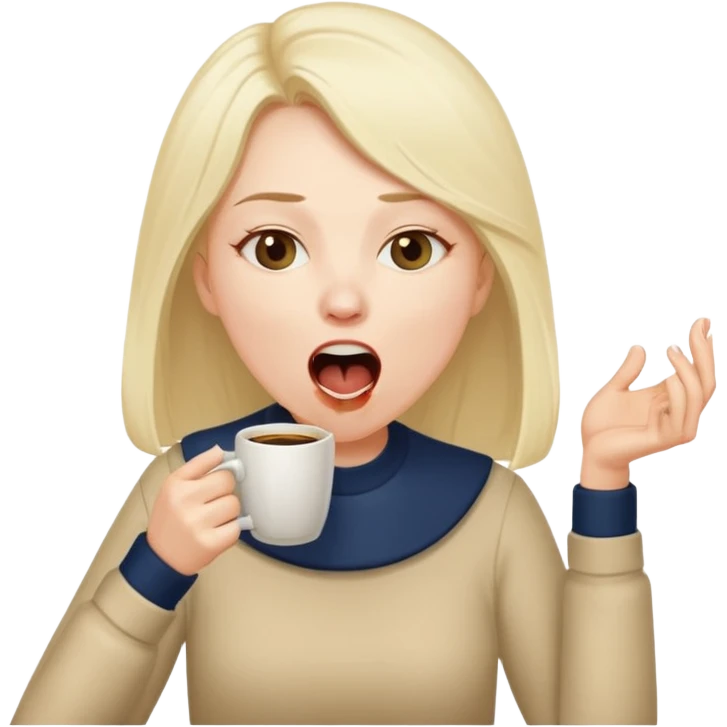 can you make her now look without laptop but having a coffee cup in her head with мешками под глазами и зевающую  emoji