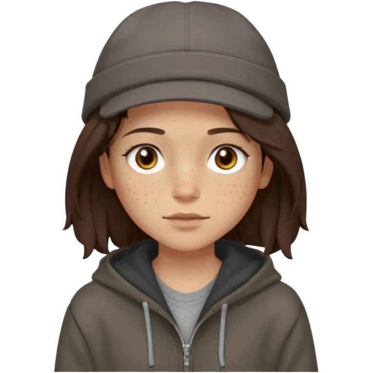 Hobo tomboy with light skin, freckles, shoulder-length center-parted dark brown hair. brown eyes, dark dull brown hoodie, grey shirt. Bolero hat emoji
