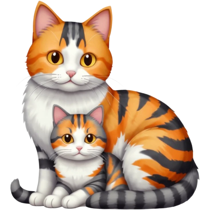 full body colourful light patched calico + white tabby cat cuddling a big dark grey and white tabby cat  emoji