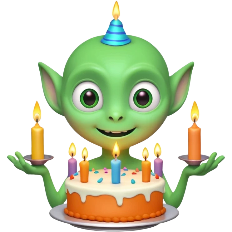 A cute friendly alien holding a birthday cake with candles, big expressive eyes, bright colors, cartoon style, playful atmosphere, 3D animated look, Pixar-inspired, highly detailed
 emoji