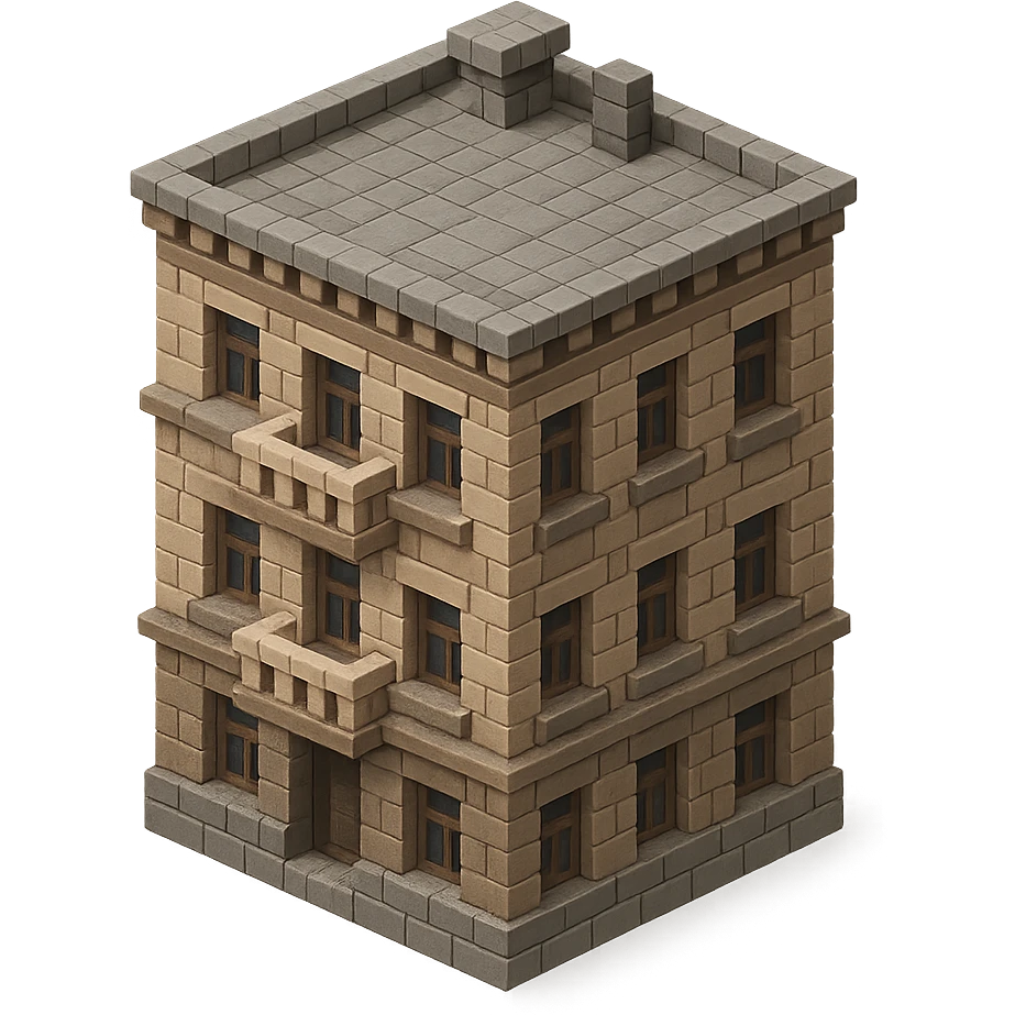 old Saint Petersburg building in voxel style, gray-brown palette, detailed cornices and balconies, isometric view emoji