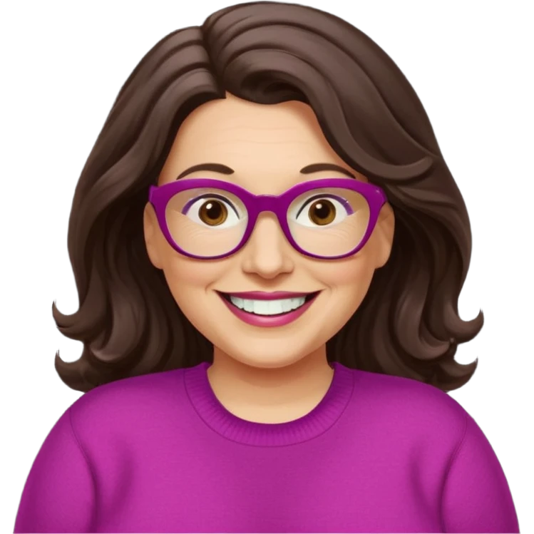 50 yr Caucasian woman, long dark brown hair parted on side, brown eyes, brown glasses, big smile, white teeth, fuscia sweater, chubby, wavy hair emoji
