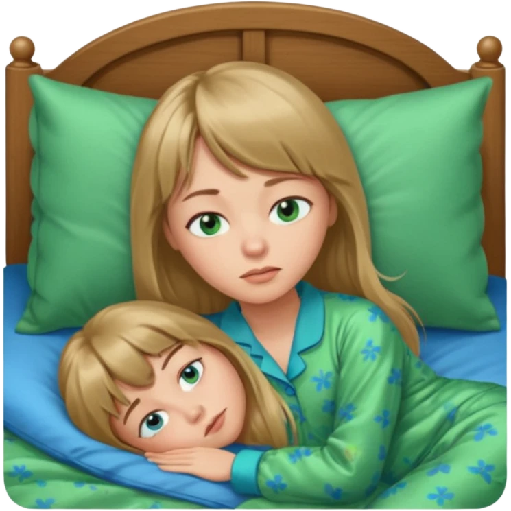 Woman with long dark blond hair and bang, blue eyes sleepy in bed  with green pyjama emoji