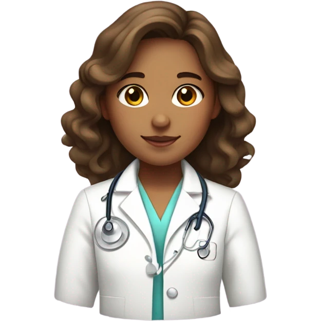 A brunette wavy hair girl with tan skin wearing a white medical coat and a pink stethoscope emoji