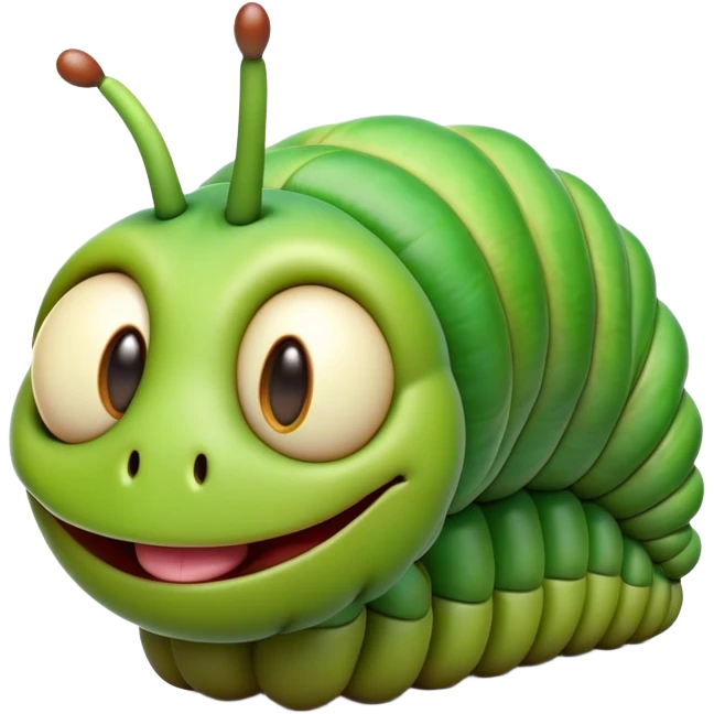 Cinematic Realistic Comical Caterpillar Portrait Emoji, Head tilted dramatically with an exaggeratedly amused expression, featuring a strikingly detailed segmented body in vibrant green with bold natural banding and wide, expressive eyes full of playful disbelief, rendered with lifelike texture and vivid natural colors, high shine, dramatic yet playful, styled with an air of cheeky garden mischief, soft glowing outline, capturing the essence of a spirited and over‐the‐top caterpillar that looks ready to wiggle its way into viral fame! emoji