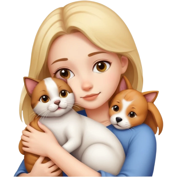 Beautiful girl hugs a cat and a dog tightly emoji