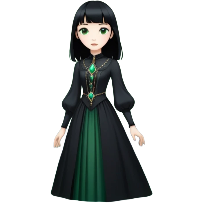 young woman, russian white skin, slender, she enter new worlds and creates utopia in them to make evryone trully happy. Make all they wishes comes true and ends suffering. Her goddes avatar looks like a girl with straing black hair with bangs, pale skin, green eyes, big black victorian dress. She travel across the multiverse on her black obsidian floating castle. She is very kind and calm. emoji