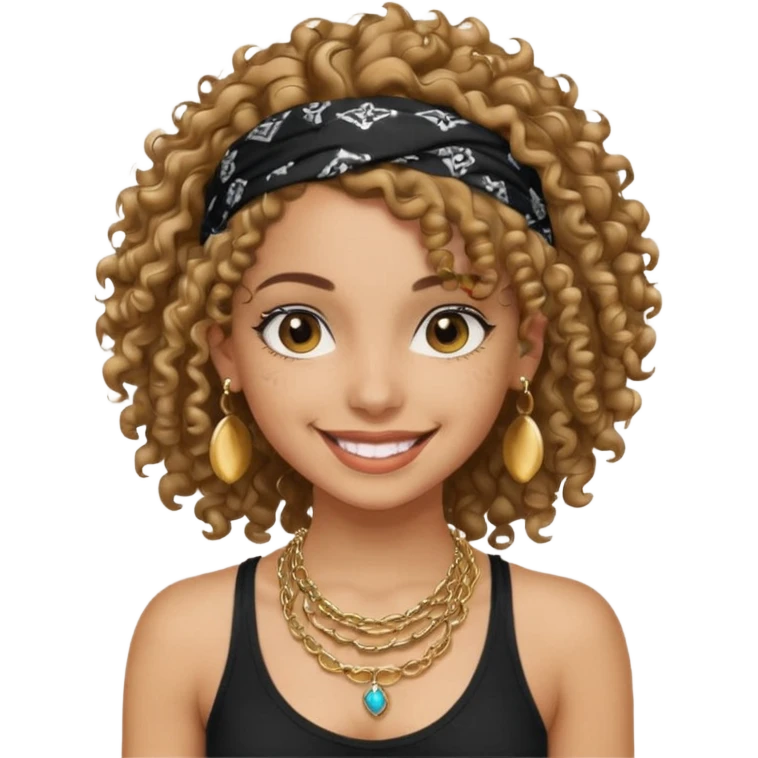 Baddie girl with black  tank top curly hairss and bandana and jwellery emoji