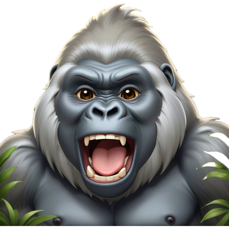 Cinematic Cute Yawning Silverback Gorilla Portrait Emoji, Head tilted slightly with a dramatic, wide-open yawn, showcasing a formidable build with a silvery mane and drowsy, half-closed eyes, Simplified yet irresistibly adorable features, highly detailed, glowing with a soft, cozy jungle glow, high shine, relaxed yet expressive, stylized with a dash of whimsical primate charm, soft glowing outline, capturing the essence of a drowsy yet affectionate guardian that appears ready to stretch out for a nap! emoji