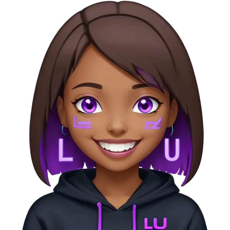 brown haired girl with a bob and blue eyes wearing black hoody with violet letters "Lu", laughs. Cyberpunk style. Violet neon. emoji