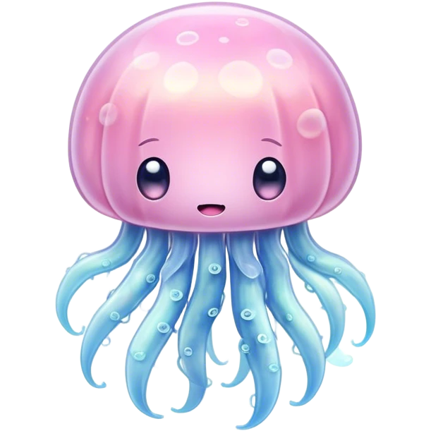 Cinematic floating kawaii jellyfish, tiny round body, soft glowing tentacles, pastel pink and blue hues, delicate sparkling highlights, dreamy and adorable. emoji