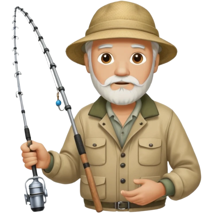 an old white haired, bearded man in fisherman attire, sat in a big boat on the ocean, holding one fishing rod in one hand, with the end of the fishing line touching the water emoji