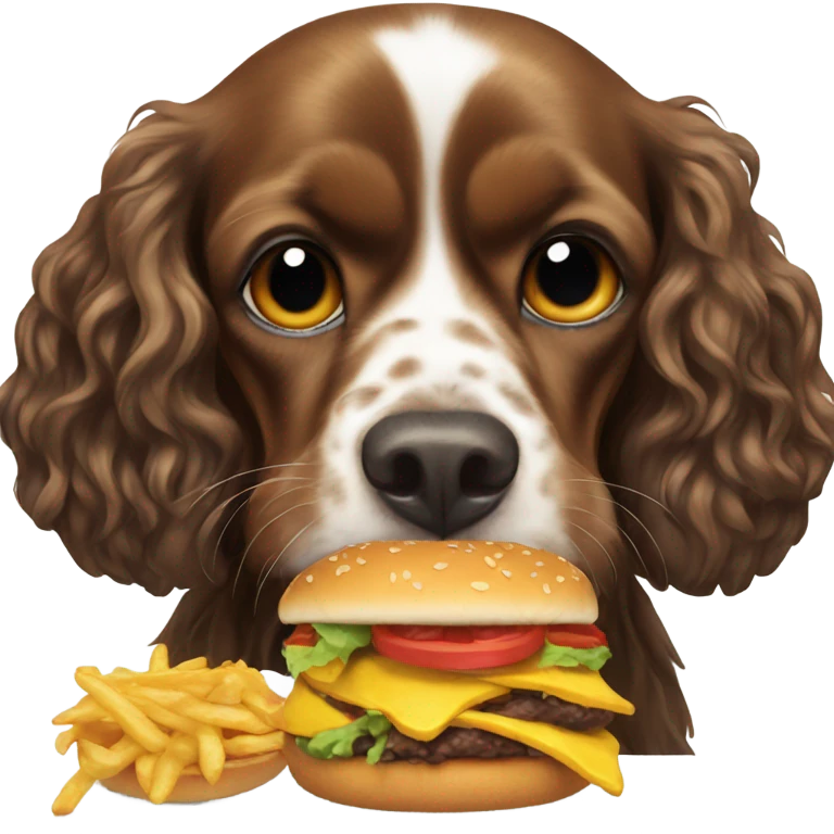 Black cocker spaniel eating a cheeseburger emoji