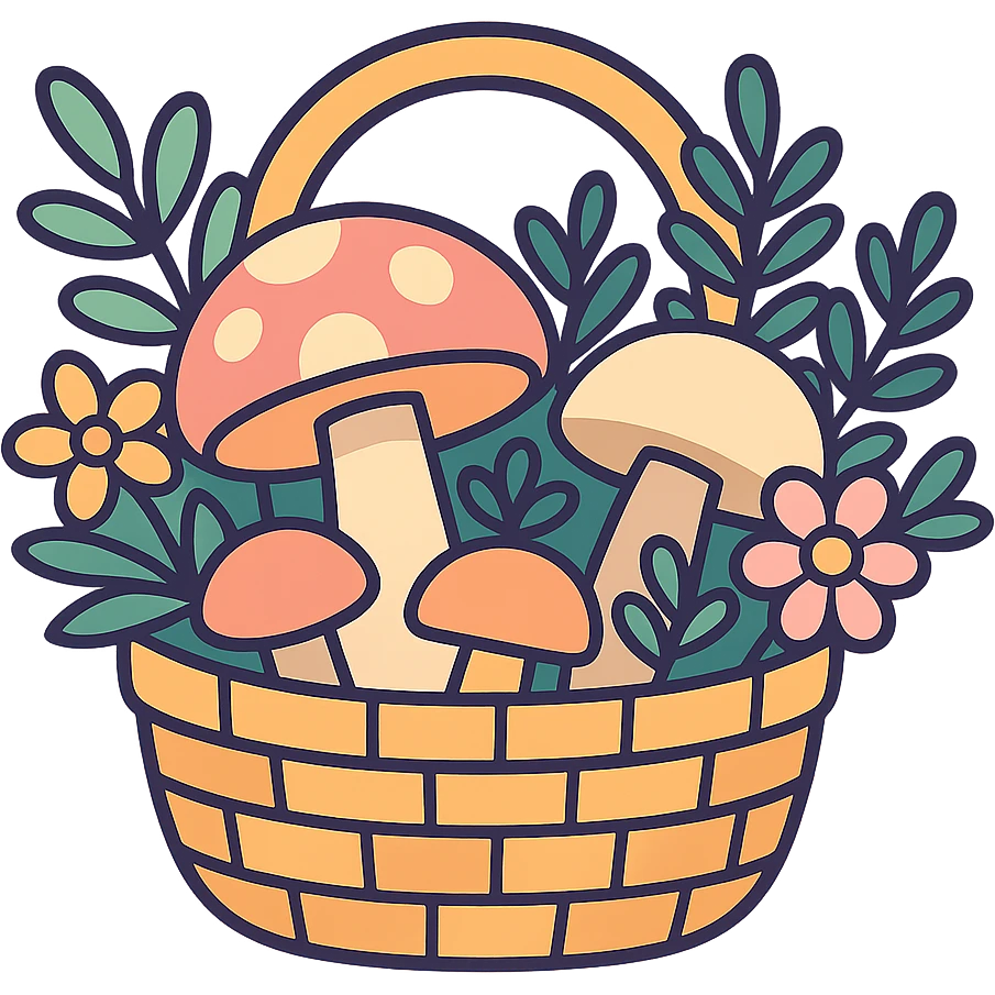 basket full of forest goodies with mushrooms, herbs, flowers in soft pastel colors, vibrant-toon style emoji