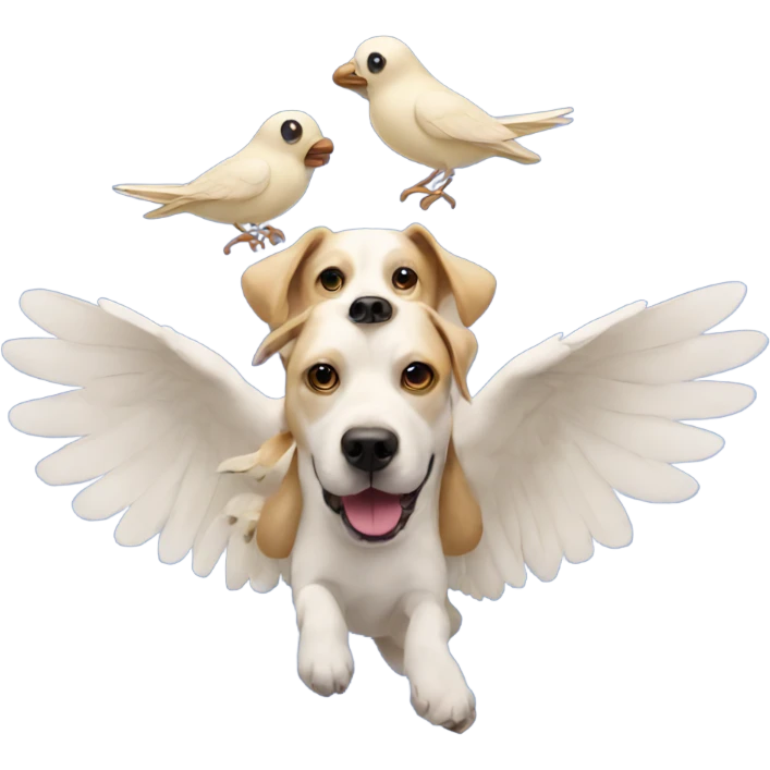 A dog with three heads, flying with a bird carrying it emoji
