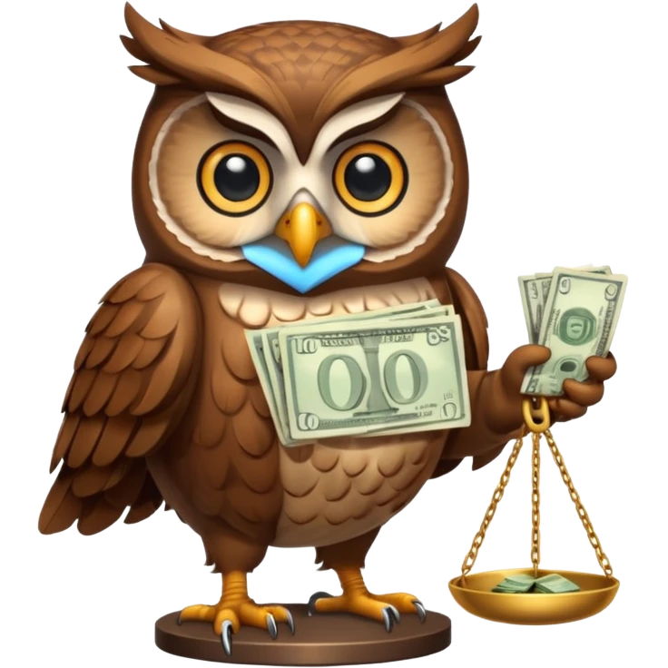mascot owl holding money scale with two sides emoji
