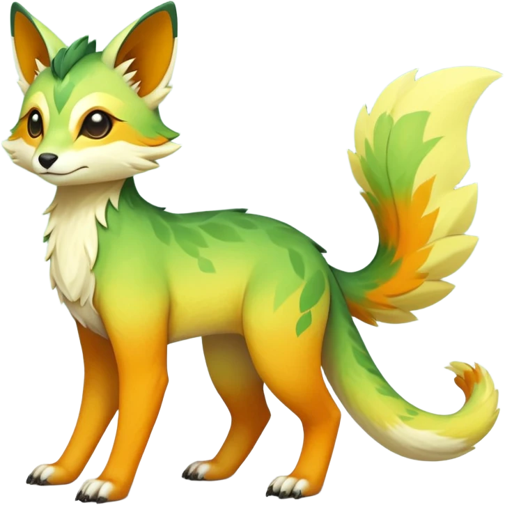 Rare realistic exotic warm-green warm-orange warm-yellows pastel gradients cute epic pretty beautiful handsome gorgeous aesthetic colorful vibrant Vernid-Trico-species-Fakemon-creature by LiLaiRa, 4 legs, 1 tail, random markings, (full body) emoji