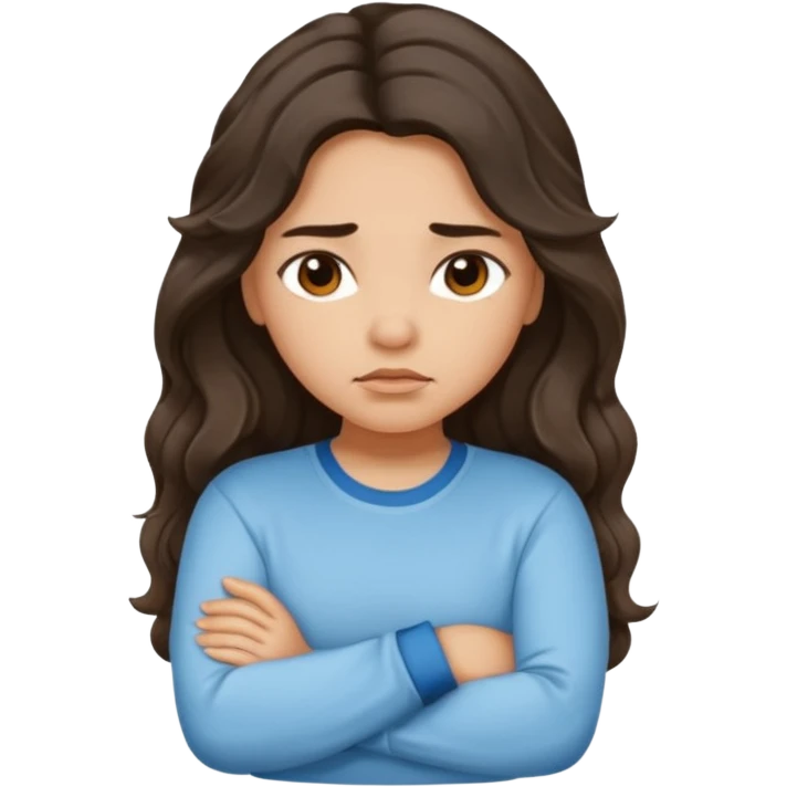 Hispanic light tan girl with long dark wavy hair pouting and arms crossed. Wearing a long sleeve. Hair with middle part. emoji