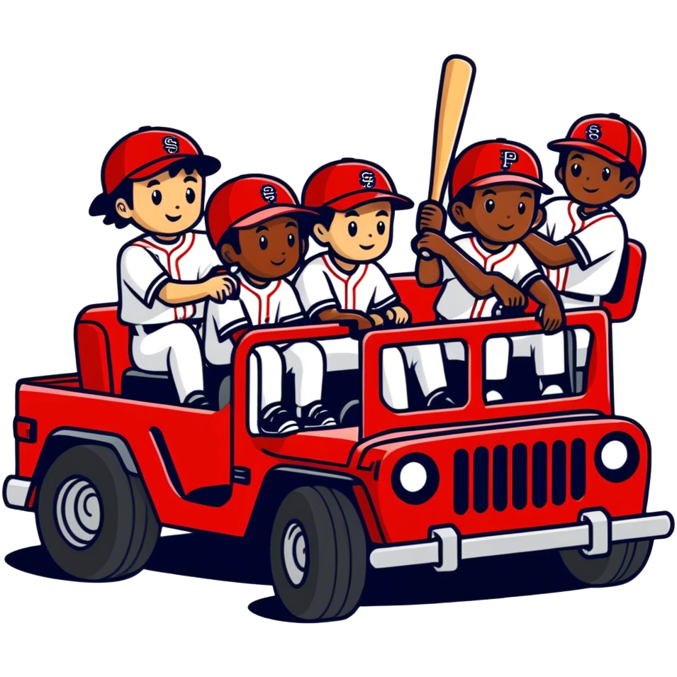 Little league baseball players riding on a red Jeep in a parade emoji
