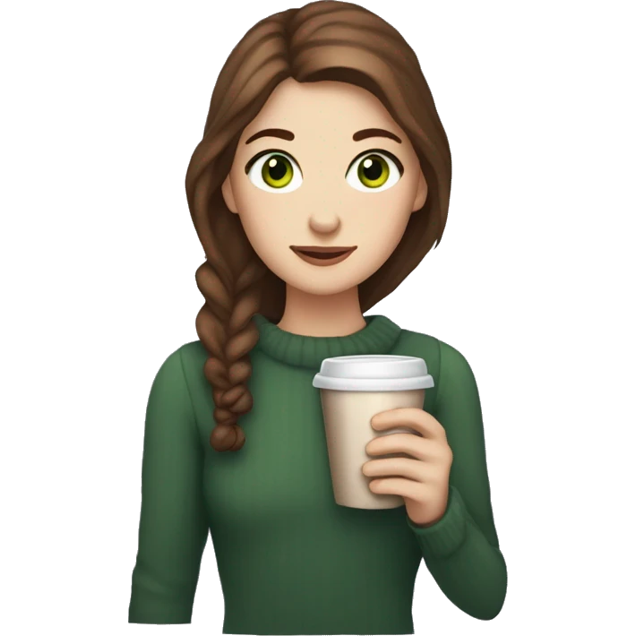 white girl with brown hair green eyes and freckles holding hot chocolate emoji
