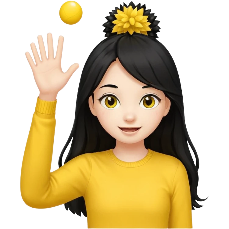 A long black hair teen girl waving pom-poms, eyes sparkling with excitement, yellow top emoji