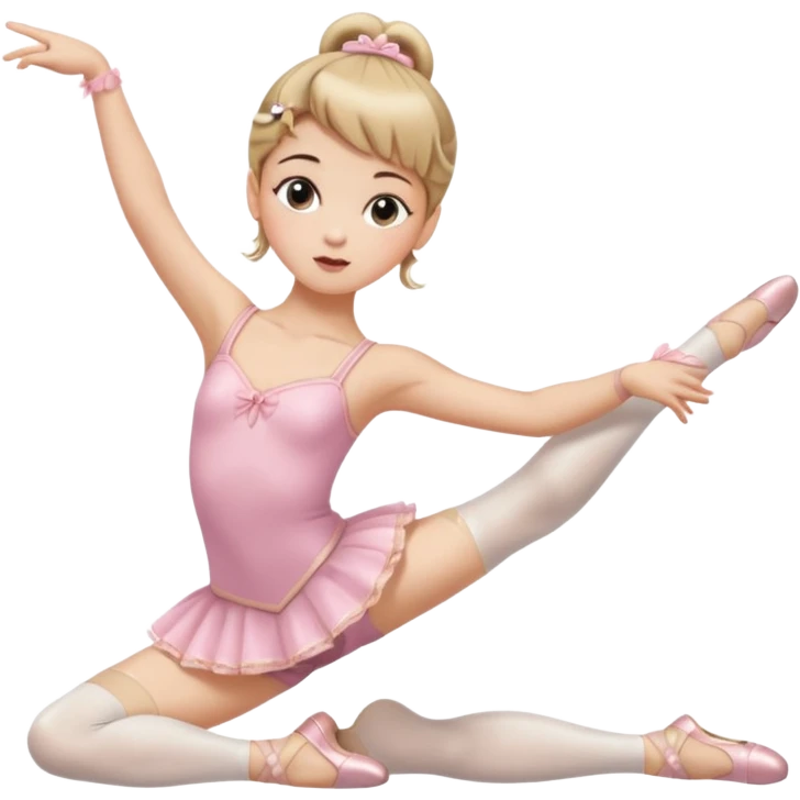 Una chica con vestuario de bailarina con las piernas flexionadas, el dedo índice en la boca, el tren superior inclinado hacia la izquierda y con la cadera proyectada hacia la izquierda emoji