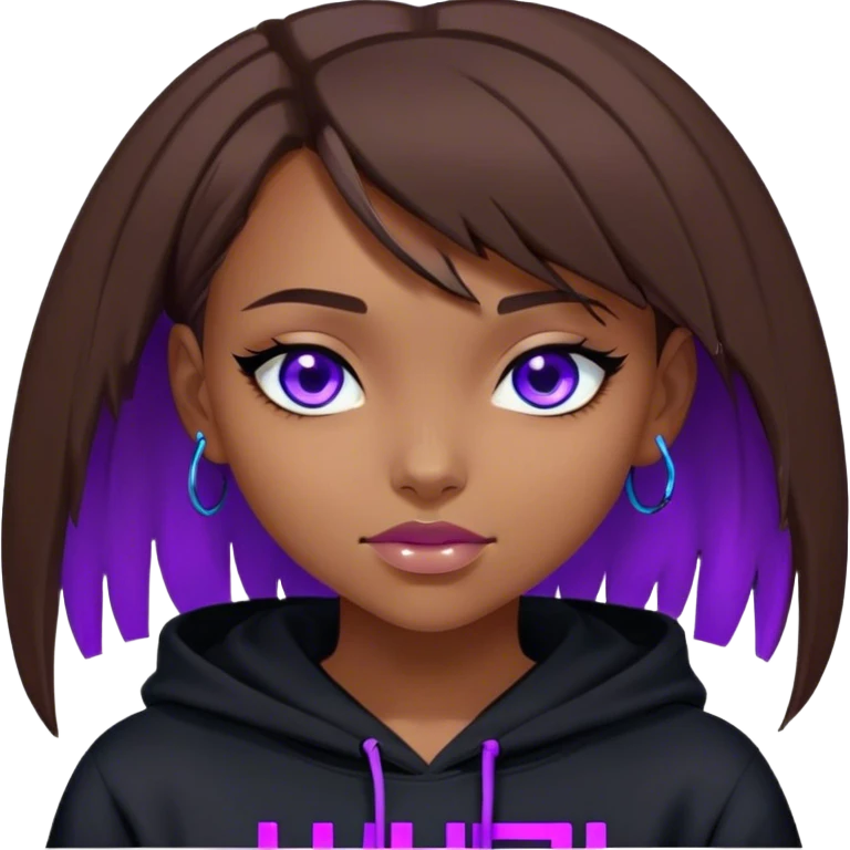 brown haired girl with a bob blue eyes wearing black hoody with violet letters "Lu", winks with one eye. Cyberpunk style. Violet neon. emoji