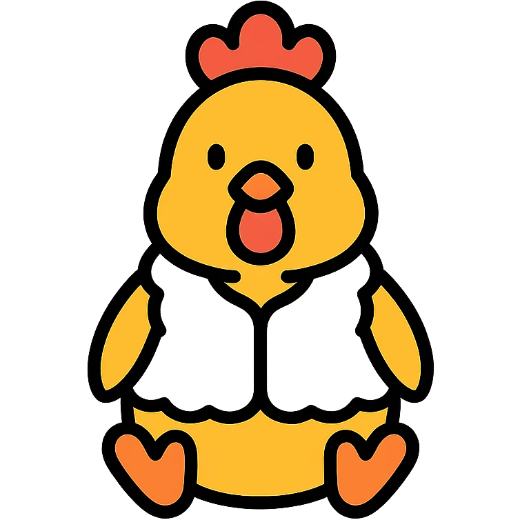 cute seated chicken wearing a white pile vest, color outline icon style emoji