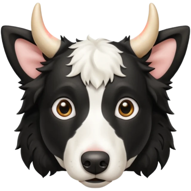 A black and white border collie with cow's horns. emoji