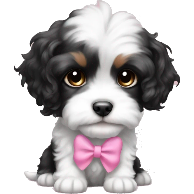 a cute black and white cavachon puppy with a pink bow in her fur emoji