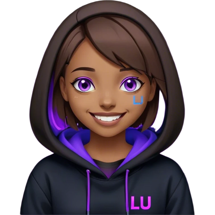 brown haired girl with a bob and blue eyes wearing black hoody with violet letters "Lu", laughs. Cyberpunk style. Violet neon. emoji