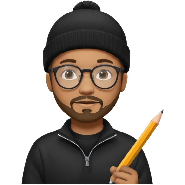 A creative young man with a pencil, glasses and a beanie. He holds a pen in his hand. He has a slight moustache and bit of a beard. He's a lightskin black man. He wears a black quarterzip jumper emoji
