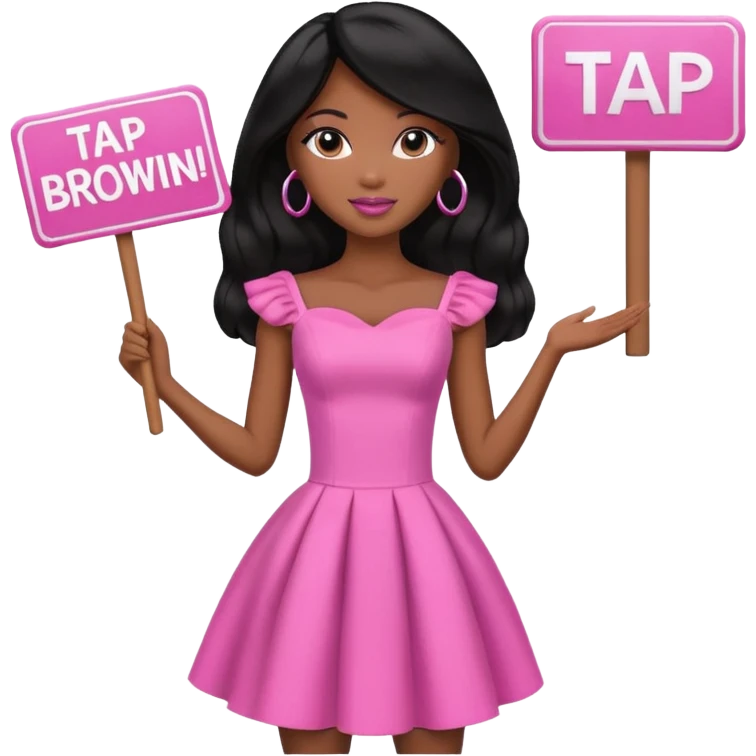Black barbie, long black  hair, pink dress holding sign, that says tap emoji